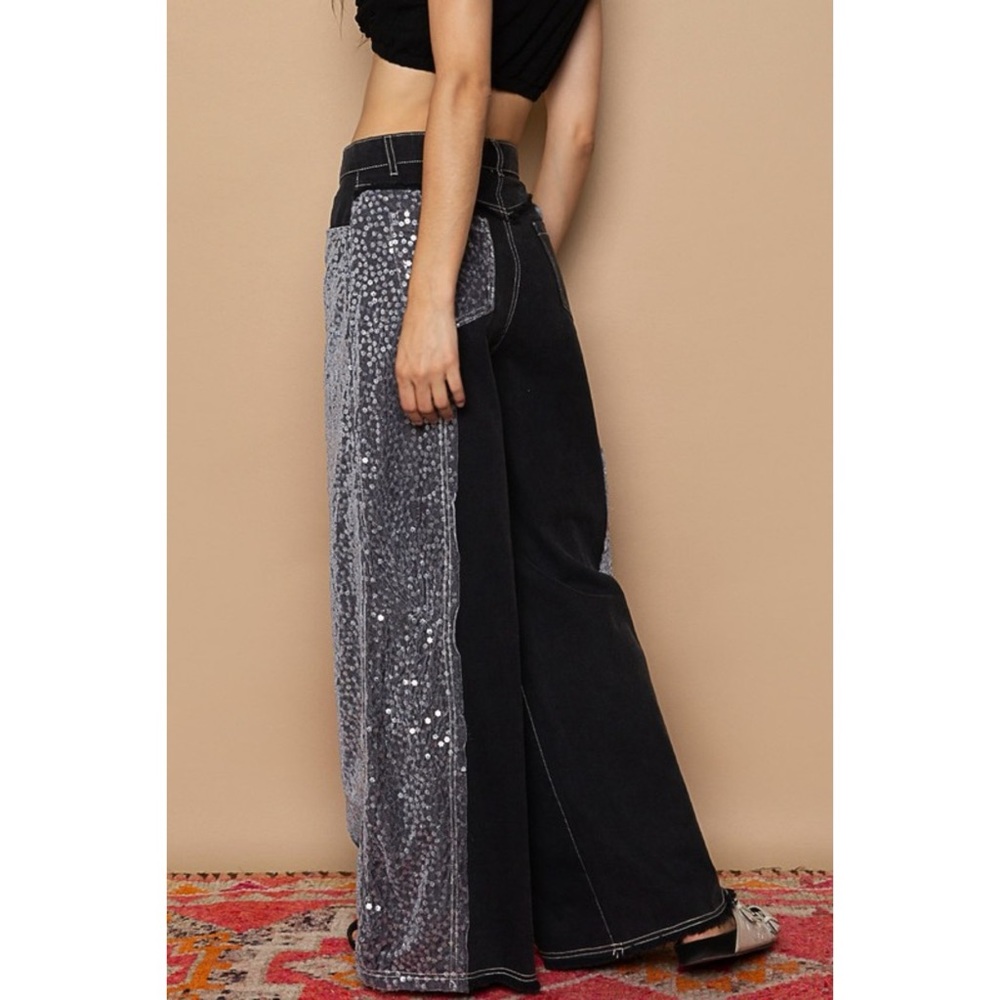 POL Floral Sequin & Velvet Side Stripe Wide Leg Jeans - Picture 11 of 14
